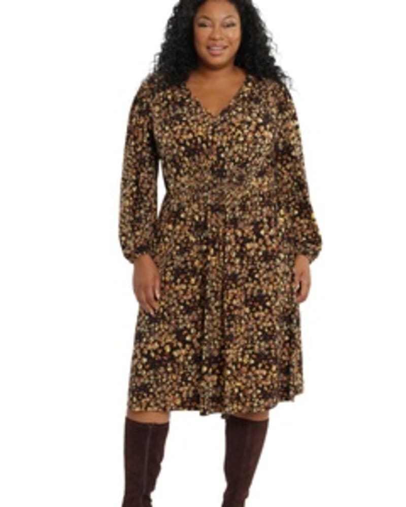 Front of a model wearing a size 0X Jolene Smock Waist Midi Dress in Black/Rust by London Times. | dia_product_style_image_id:268592